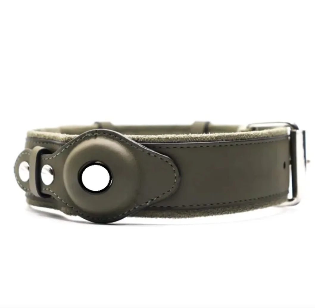 Leather Dog Collar with Location Tracker holder